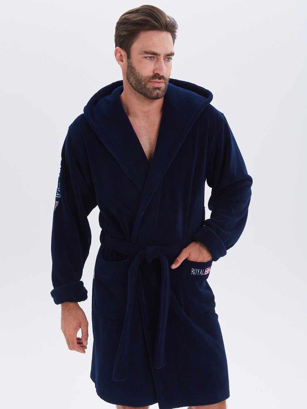 Халат бамбуковый мужской короткий VIEN ROYAL CLUB синий с капюшоном.