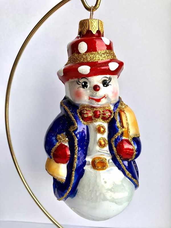 Стеклянная игрушка на елку "СНЕГОВИК С КНИЖКОЙ" в красной шляпе 13 см