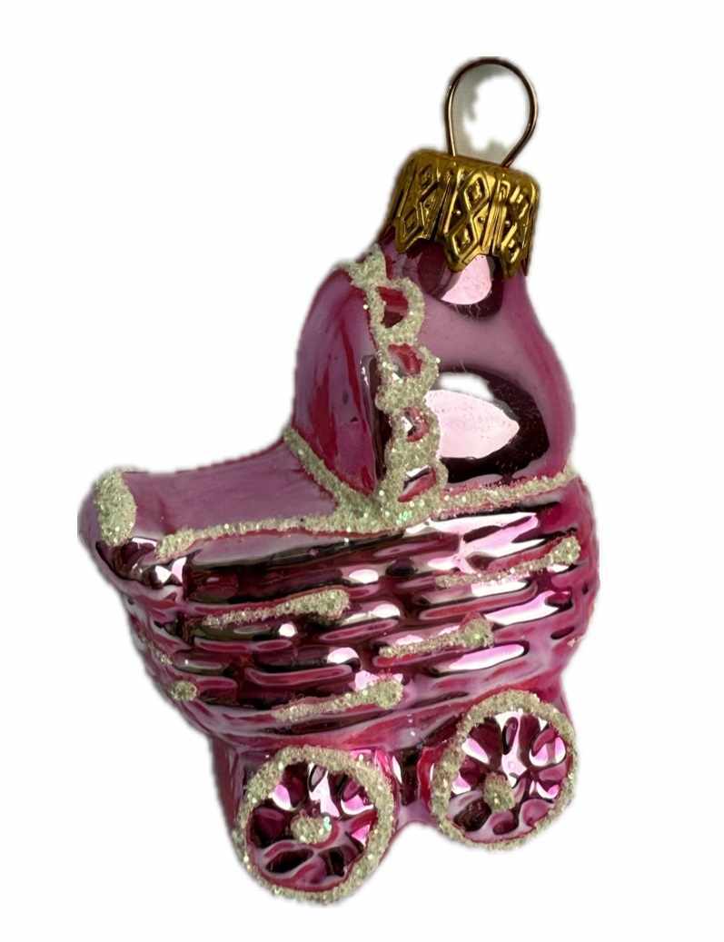 Стеклянная игрушка на елку "ДЕТСКАЯ КОЛЯСКА РОЗОВАЯ" 6 см