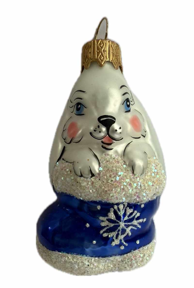 Стеклянная игрушка на елку "КРОЛИК В САПОГЕ" 8 см