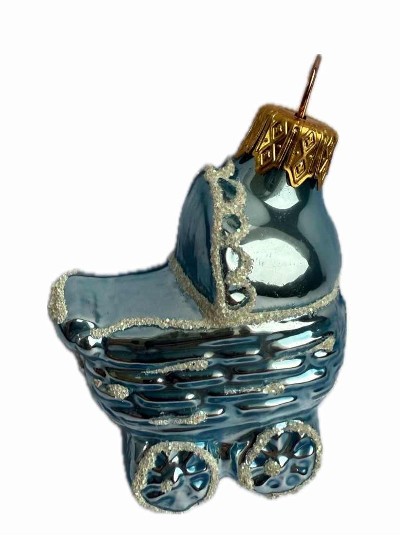 Стеклянная игрушка на елку "ДЕТСКАЯ КОЛЯСКА ГОЛУБАЯ" 6 см