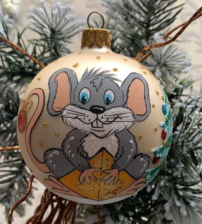 Стеклянный шар на елку мышка 2019-1 ∅8 см